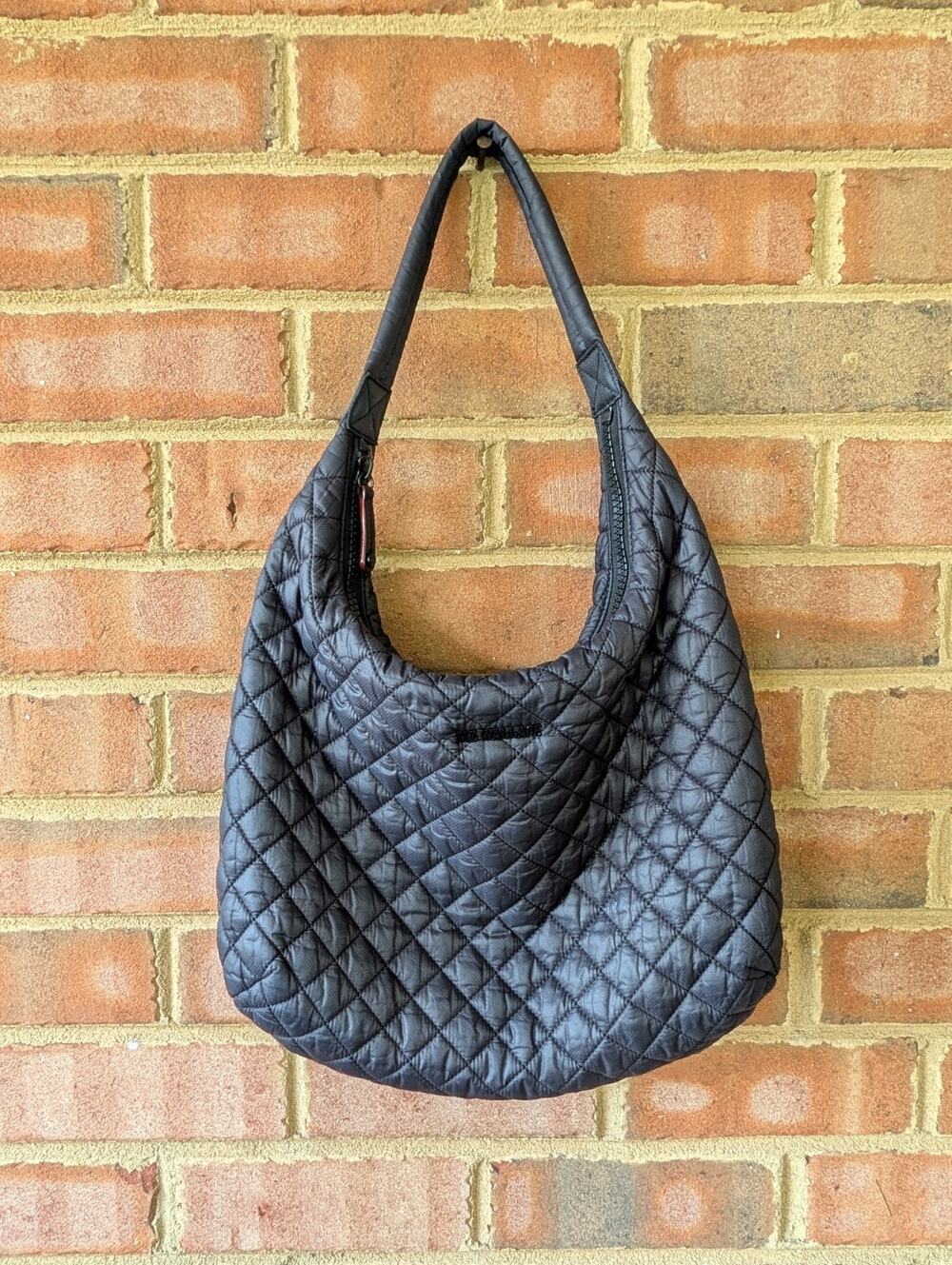 MZ Wallace Black Large Metro Shoulder Bag Quilted Zipper Purse Tote Nylon